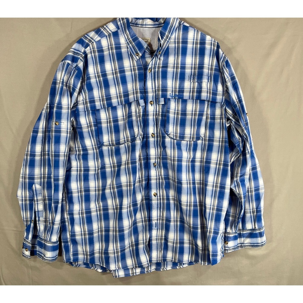 Vintage LL Bean Men's X-Large Blue Plaid Vented Fishing Outdoors Button Up Shirt